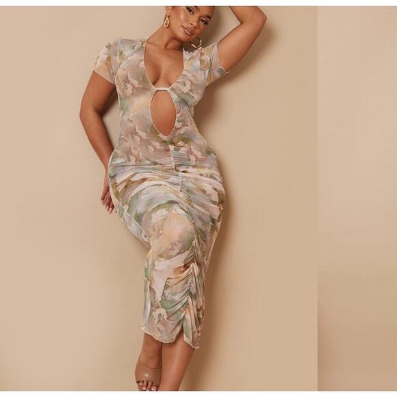 NEW SHAPE WATERCOLOUR PRINT SHEER MESH PLUNGE RUCHED MIDAXI DRESS SZ SM - Picture 1 of 7